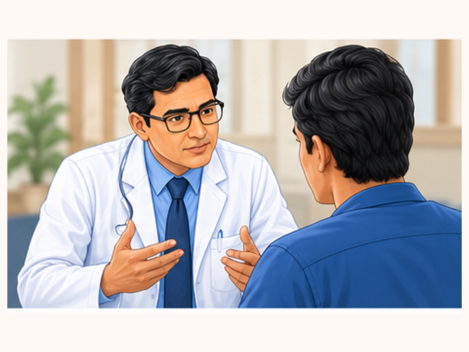 Illustration of a patient discussing kidney cancer care with a doctor