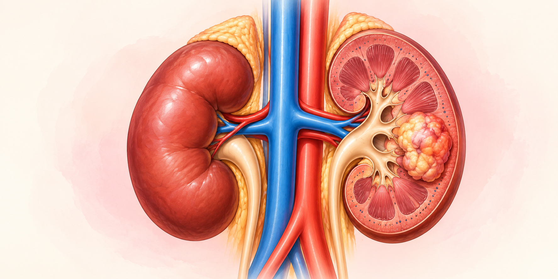 Medical illustration of a kidney with a highlighted area representing a possible mass