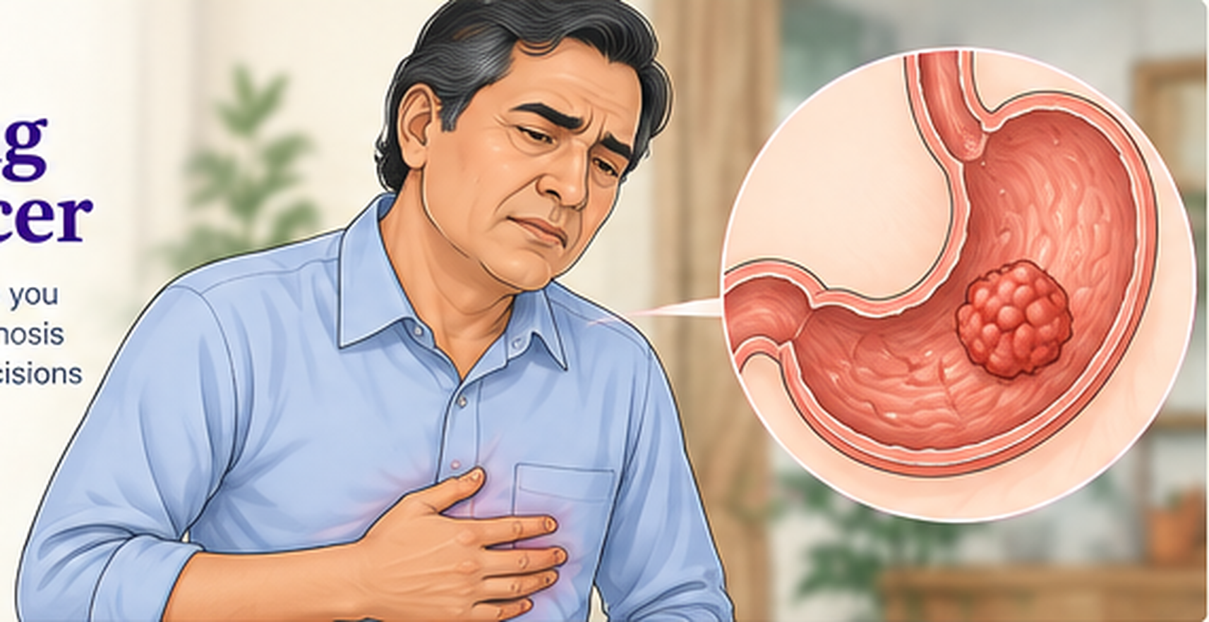 Illustration of a person experiencing upper abdominal discomfort with a stomach illustration